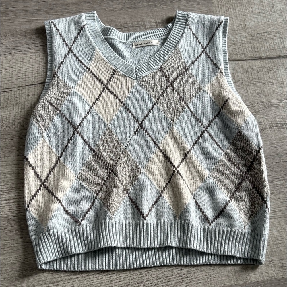 Light blue and white argyle sweater vest
